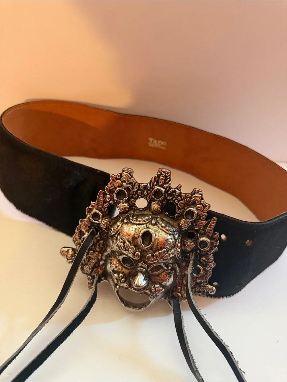 Vintage Tano Spain Black Hair-On Leather Belt Ornate Mask Statement Buckle